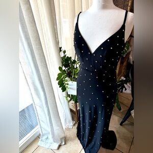 Mac Duggal black prom wedding guest‎ bridesmaid v neck dress gown rhinestone